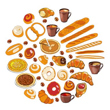 Farklı türde fırınlar, bir fincan çay ve kahve. Vektör el çizimi illüstrasyon. Beyaz nesneleri ayır. Tasarımınız için duyurular, kartpostallar, posterler, restoran menüleri.