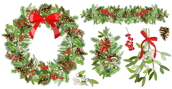 矢量圣诞节无缝花环与寄生 云杉锥果 云杉枝 一品红 焦糖手杖隔离在白色 — 图库矢量图片