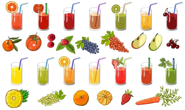 自然のジュースと果物のセット あなたのデザイン カード ポスター レストランメニューのためのベクトル手描きイラスト — ストックベクタ