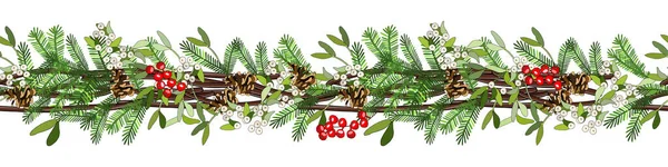 水平无尽的边界与锥 冷杉枝条 一品红 焦糖手杖 寄生被白色隔离 传统的圣诞节象征 — 图库矢量图片