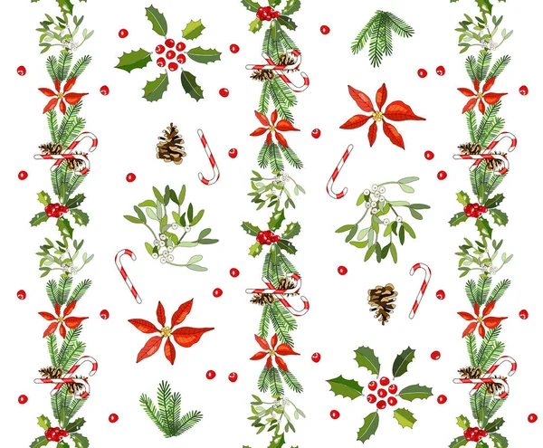 Motif Sans Couture Avec Cône Branches Sapin Houx Poinsettia Canne — Image vectorielle