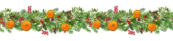 Kerstvakantie Decoratieve Naadloze Rand Van Boomtakken Met Kruidnagel Oranje Kaneel — Stockvector