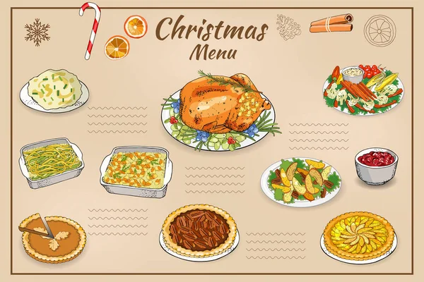 白い背景に隔離された伝統的なクリスマス料理のベクトル手描きイラスト 休日の食べ物 古典的な新年の食事 — ストックベクタ