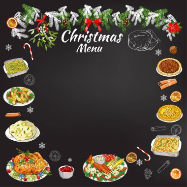 Tebeşir restoranının şablonunu tahtaya çizmek. Vektör tatil geçmişi. Geleneksel Noel sembolleri ve yemekleri.