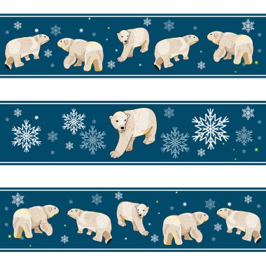 Mavi arka planda kutup ayıları, yıldızlar ve kar taneleri olan kusursuz desen. Vektör çizimi. Tasarımınız, kumaşlarınız, duvar kağıtlarınız, tebrik kartlarınız, paketleriniz için sonsuz doku.