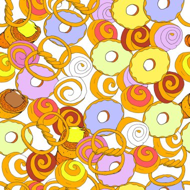 Çörekler ve hamur işi düz düz vektör deseni. Sonsuz komik vektör tatlı illüstrasyon.