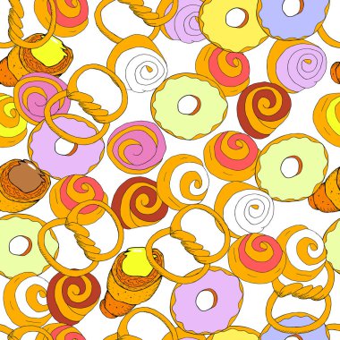 Çörekler ve pastalar kusursuz vektör düz desenli. Sonsuz komik vektör tatlı illüstrasyon.