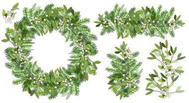 Ökseotlu Noel çelengi, beyaza izole edilmiş ladin dalları. Festival dekorasyonu, duyurular, kartlar, davetiyeler, posterler için..