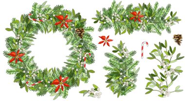 Ökseotlu Noel çelengi, köknar dalları, köknar konisi, beyaz üzerine izole edilmiş noktalar. Tatil süslemeleri, duyurular, kartlar, davetiyeler, posterler için..