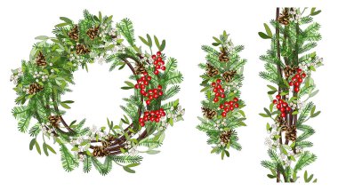Vektör şenlik çelengi ökseotu, koni, dal, Holly beyaz arka planda izole edilmiş. El çizimi çizimi. Yeni yıl ve Noel sembolleri.