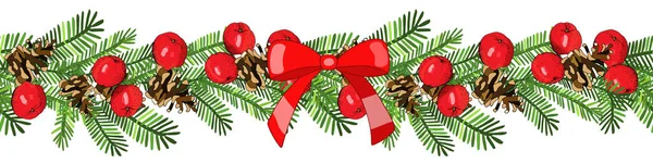 圣诞假期装饰花环 无缝边界和假日元素的树枝与花环 — 图库矢量图片