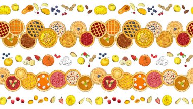 Turtalar, meyveler, fındıklar, elmalar, balkabakları, böğürtlenler. Sonbahar, Turta Günü, Hasat ve Şükran Günü teması. Restoran ve kafe tasarımları için. Kusursuz vektör deseni