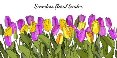 Rengarenk lalelerden alınmış çiçeksiz çiçek fırçası. İzole edilmiş ve vektör el çizimi. Çiçek tasarımı, çiçek arkaplanı. Şenlikli el çizimi desen, yay.