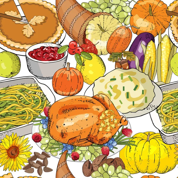 Autumn Seamless Pattern Elements Thanksgiving Symbols Cornucopia Turkey Fruits Pumpkins — Stock Vector