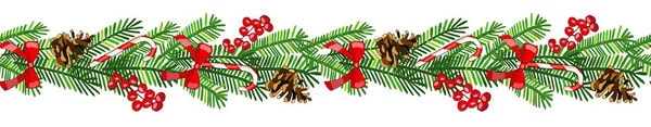 病媒圣诞节无缝边界与寄生 云杉锥果 云杉树枝 针叶树 焦糖手杖隔离在白色 — 图库矢量图片