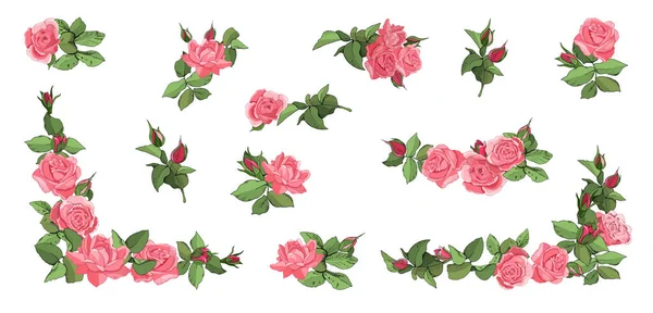 Χειροποίητα Ροζ Τριαντάφυλλα Φύλλα Μπουμπούκι Και Ένα Ανοιχτό Λουλούδι Τριανταφυλλιά — Διανυσματικό Αρχείο