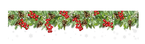 Vánoční Dovolená Dekorativní Bezešvé Hranice Větví Stromů Jedlovou Kuželem Holly — Stockový vektor