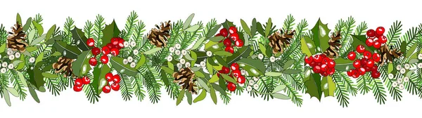 Kerstvakantie Decoratieve Naadloze Rand Van Boomtakken Met Sparren Kegel Holly — Stockvector