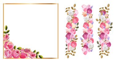 Çiçek güllü el yapımı klasik kart, beyaz arka planda yapraklar. Düğün süsü konsepti. Çiçek posteri, davet. Vektör dekoratif tebrik kartı veya davet tasarımı