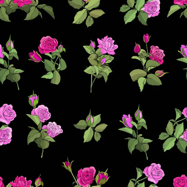 Flores Patrón Sin Costuras Vector Ilustración Dibujada Mano Rosas Para — Vector de stock