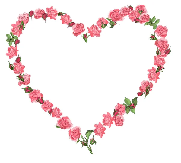 Vektorové Srdce Rám Červených Růží Květy Izolované Bílém Pozadí Romantický — Stockový vektor