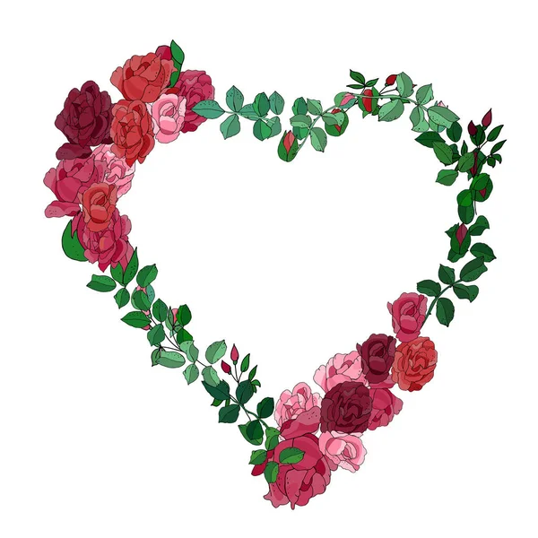 Wektor Serca Ramki Czerwonych Róż Kwiaty Izolowane Białym Tle Romantyczny — Wektor stockowy