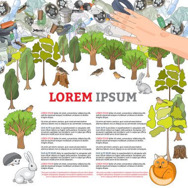 Pollution of the environment. Garbage and waste in forests, in wildlife. Different types of garbage. Vector hand draw collection. Concept of Recycles Day, World Cleanup Day and ecology