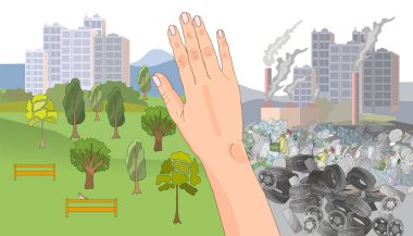 Environmental disaster of plastic debris in the city. The problem of cleaning and separation of garbage. Air pollution by plants and factories. The concept of ecology.