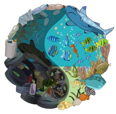 The concept of ecological catastrophe of garbage and waste in the ocean. The problems with chemical wastes disposal. Vector hand drawn illustration.