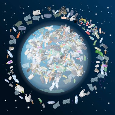 The problem of pollution of the planet. Space debris. The garbage, plastic, bags on the planet. The concept of ecology and the World Cleanup Day. Vector illustration