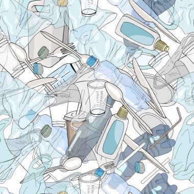 Outline seamless pattern with sorted plastic garbage isolated on white background. Separate debris collection. Vector hand drawn set of trash. Concept of Recycles Day, World Cleanup Day and ecology.