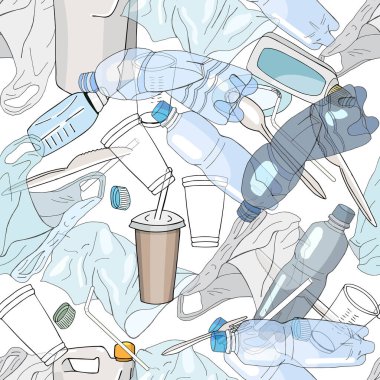 Outline seamless pattern with sorted plastic garbage isolated on white background. Separate debris collection. Vector hand drawn set of trash. Concept of Recycles Day, World Cleanup Day and ecology.