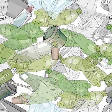 Outline seamless pattern with sorted plastic garbage isolated on white background. Separate debris collection. Vector hand drawn set of trash. Concept of Recycles Day, World Cleanup Day and ecology.