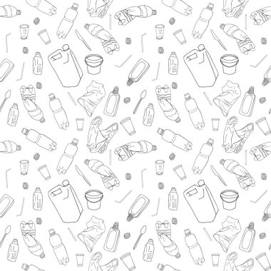 Outline seamless pattern with sorted plastic garbage isolated on white background. Separate debris collection. Vector hand drawn set of trash. Concept of Recycles Day, World Cleanup Day and ecology.