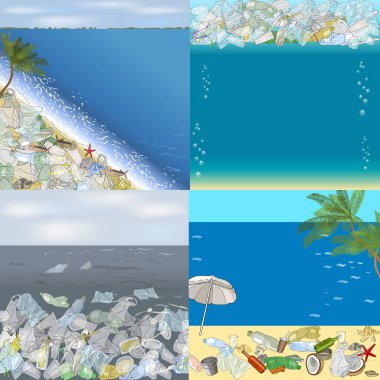 Environmental disaster of plastic debris in the ocean. Garbage on the coast against the sky as a backdrop. Garbage and waste in forests, in wildlife.