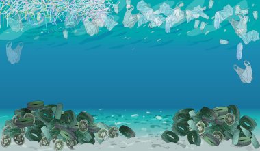 Template with different kinds of garbage, bags, wastes, plastic straws and plastic utensils in the ocean or sea. The concept of ecology and World Cleanup Day.