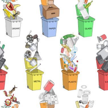 Seamless pattern. Trash cans with sorted garbage set. Different types of garbage - Organic, Plastic, Metal, Paper, Glass, E-waste.