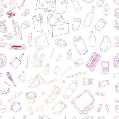 Seamless pattern with sorted paper garbage isolated on white background. Part 1 of separate debris collection. Vector hand drawn set of trash. Concept of Recycles Day, World Cleanup Day and ecology.