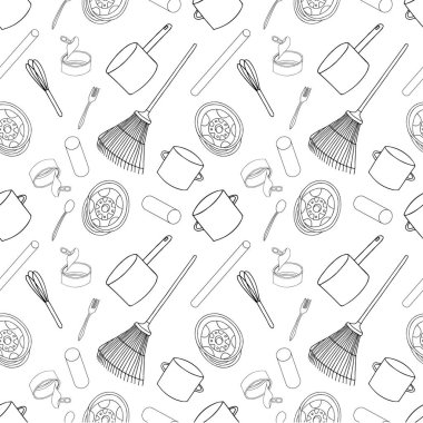 Outline seamless pattern with sorted metal garbage isolated on white background. Part 3 of separate debris collection. Vector hand drawn set of trash.