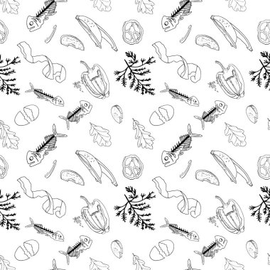 Outline seamless pattern with sorted organic garbage isolated on white. Part 7 of separate debris collection. Vector hand drawn set of trash. Concept of Recycles Day, World Cleanup Day and ecology.