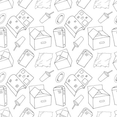 Outline seamless pattern with sorted paper garbage isolated on white. Part 5 of separate debris collection. Vector hand drawn set of trash. Concept of Recycles Day, World Cleanup Day and ecology.