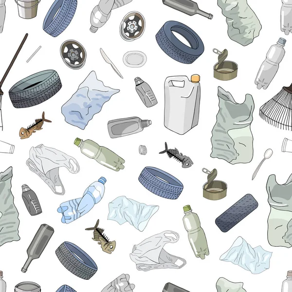 Безшовні Візерунки Різними Видами Пластикових Відходів Ізолюються Білому Поняття Екології — стоковий вектор