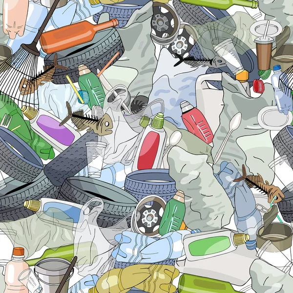 プラスチックごみの異なる種類のシームレスなパターン 生態系と世界の清掃の日の概念 — ストックベクタ