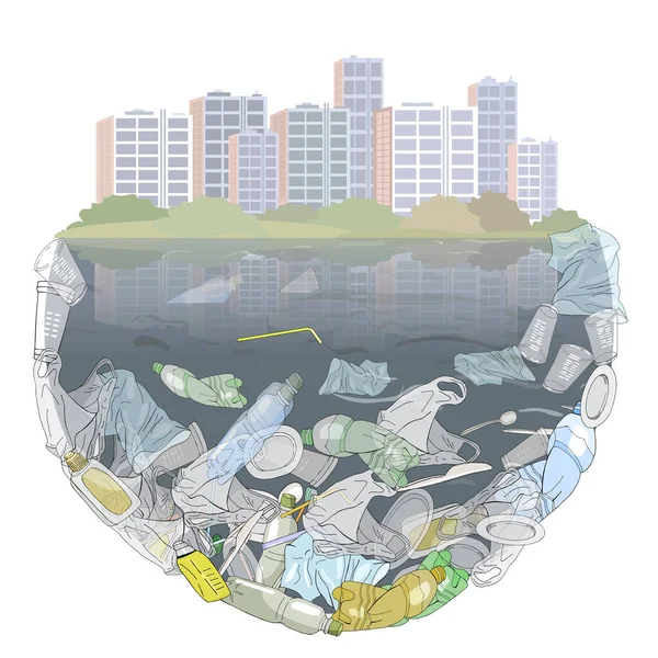 Экологическая Катастрофа Пластикового Мусора Городе Мусор Побережье Океане Море Проблема — стоковый вектор