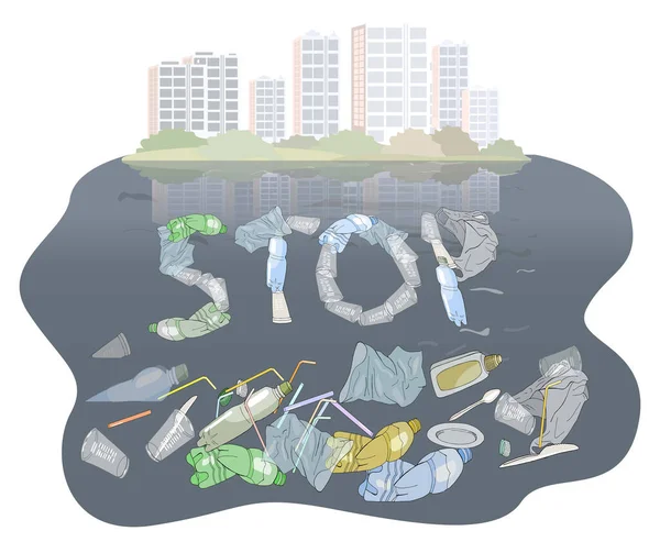 Environmental Disaster Plastic Debris Ocean Garbage Sea Coast Sky Backdrop — Stok Vektör
