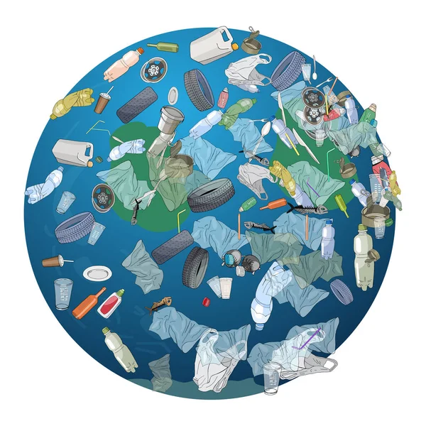 Pollution Les Ordures Plastique Les Sacs Sur Planète Concept Écologie — Image vectorielle