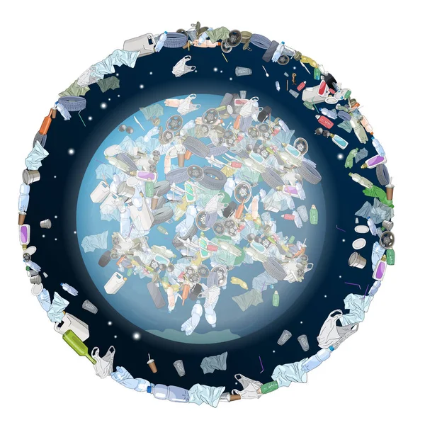 Problema Contaminación Del Planeta Escombros Espaciales Basura Plástico Bolsas Planeta — Vector de stock