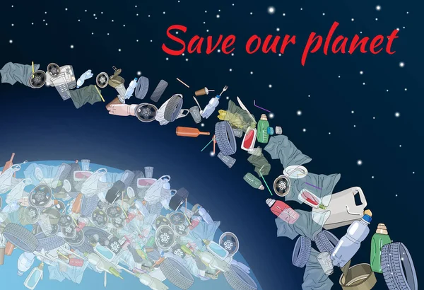 Problema Poluării Planetei Resturi Spaţiale Gunoiul Plasticul Pungile Planetă Conceptul — Vector de stoc