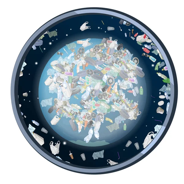 Problema Contaminación Del Planeta Escombros Espaciales Basura Plástico Bolsas Planeta — Vector de stock