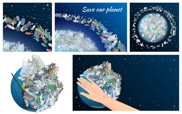 Problème Pollution Planète Des Débris Spatiaux Les Ordures Plastique Les — Image vectorielle